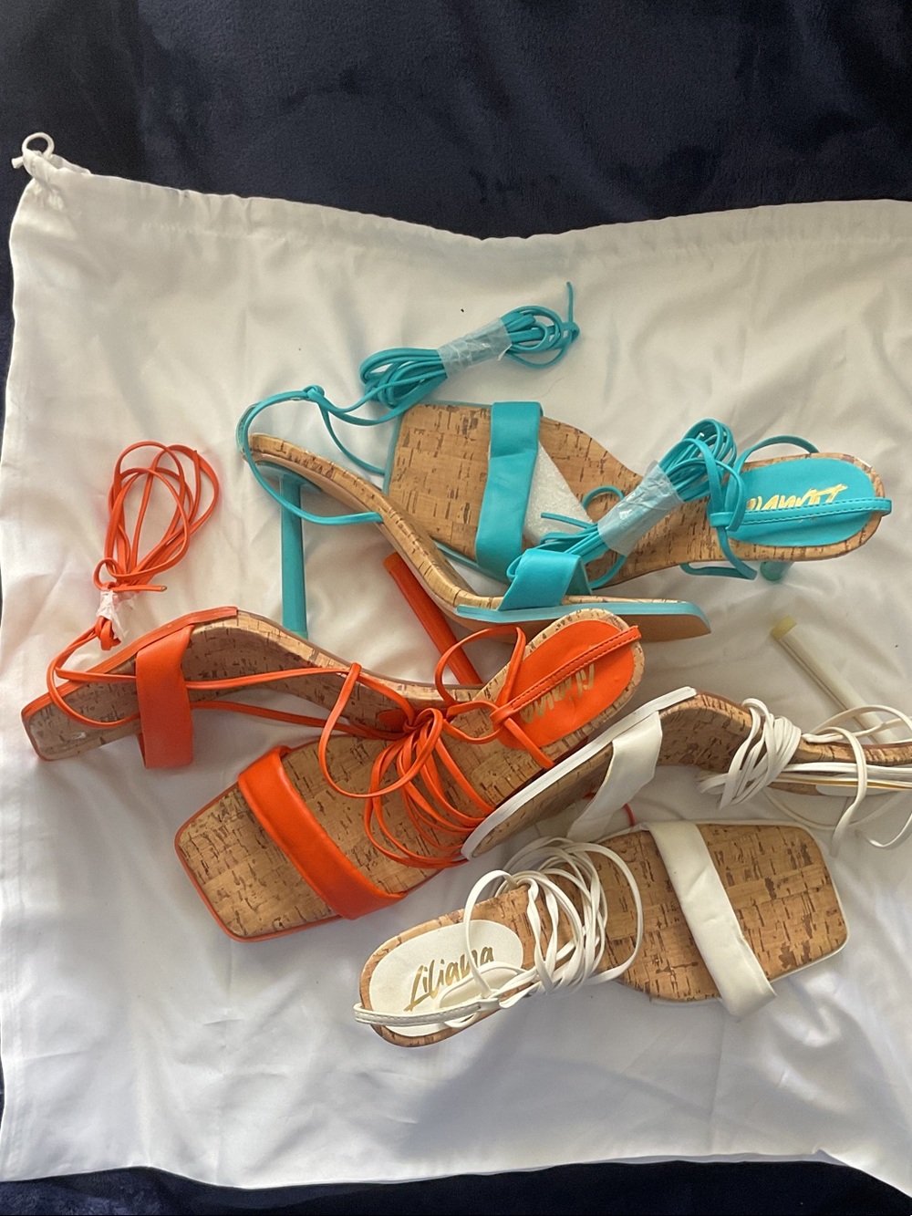 3 pairs Liliana Blue, Orange & White Lace-Up Cork Heel Sandals Trio